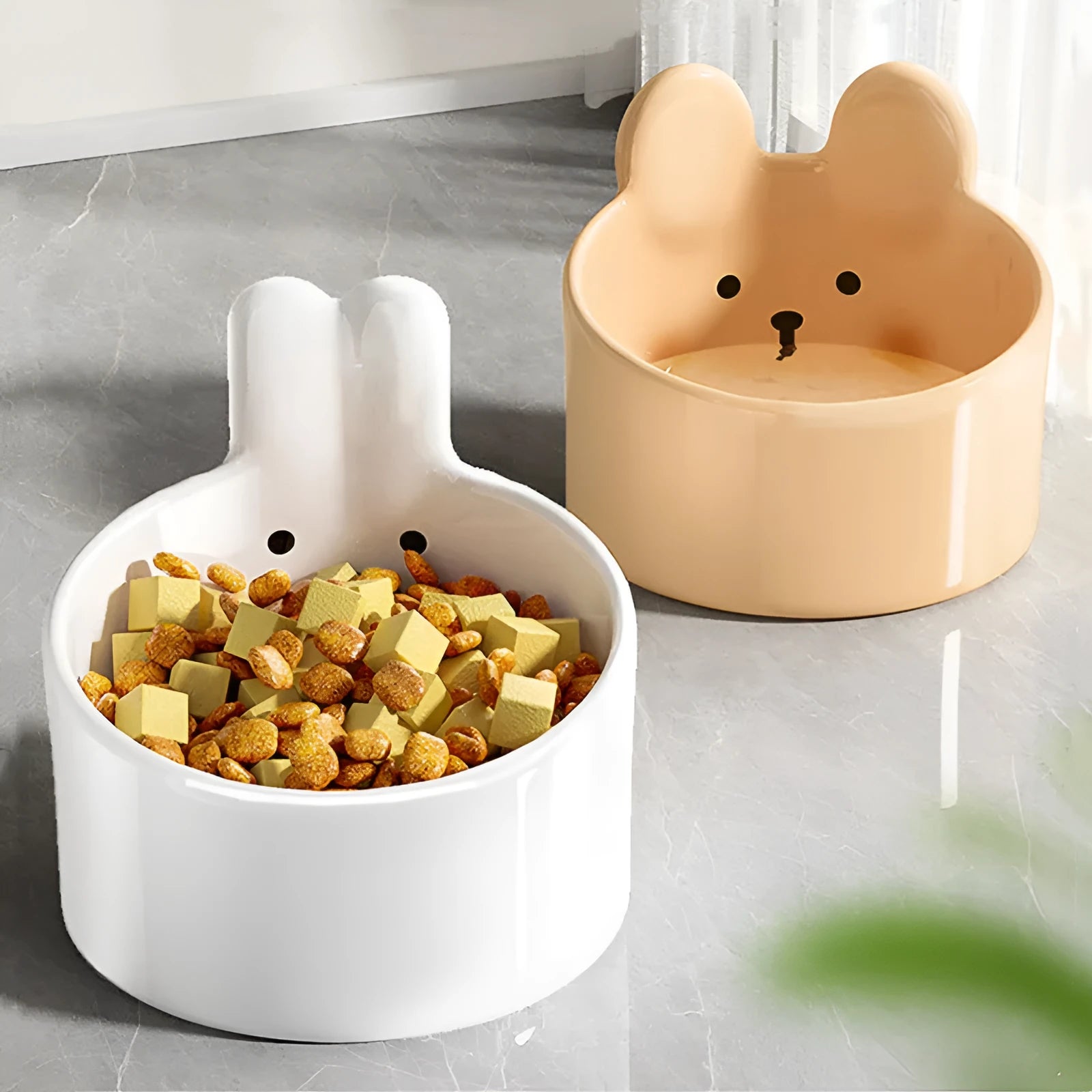 Ceramic pet feeding bowls with neck protection design in white and yellow colours