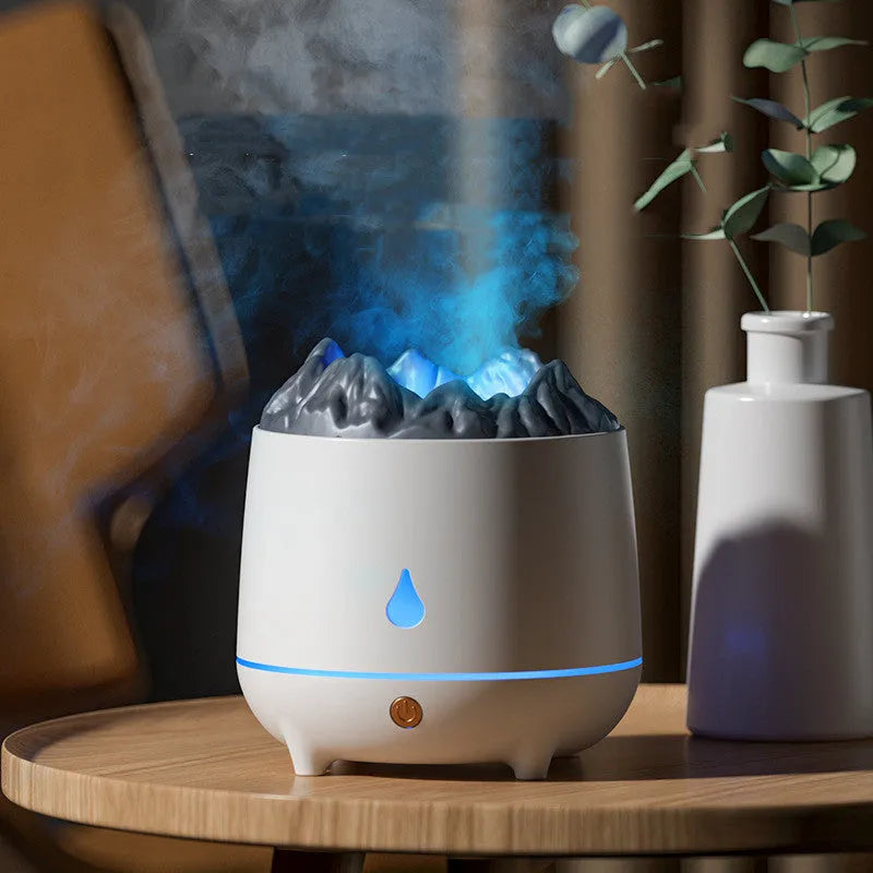 Volcano humidifier with flaming mountain design in black and white colour options