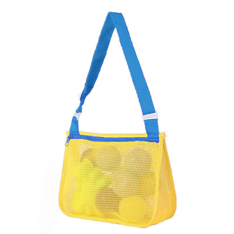 Blue nylon mesh travel storage organiser bag for children's toys and clothing, sealed, measuring 20x25x8cm.