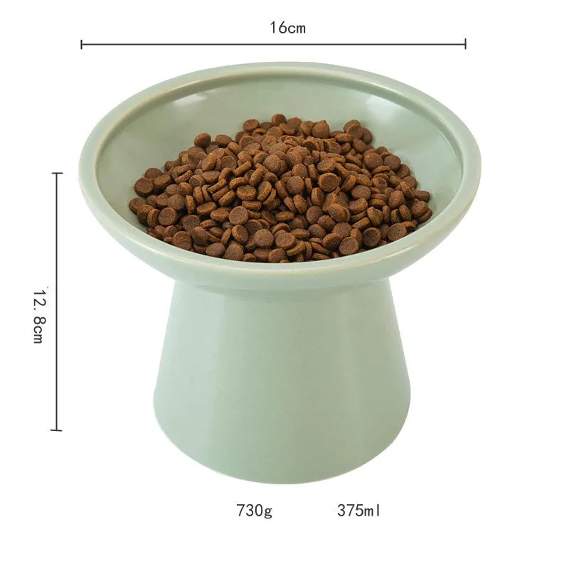 Ceramic elevated cat bowl in blue with wide shallow design for whisker fatigue relief