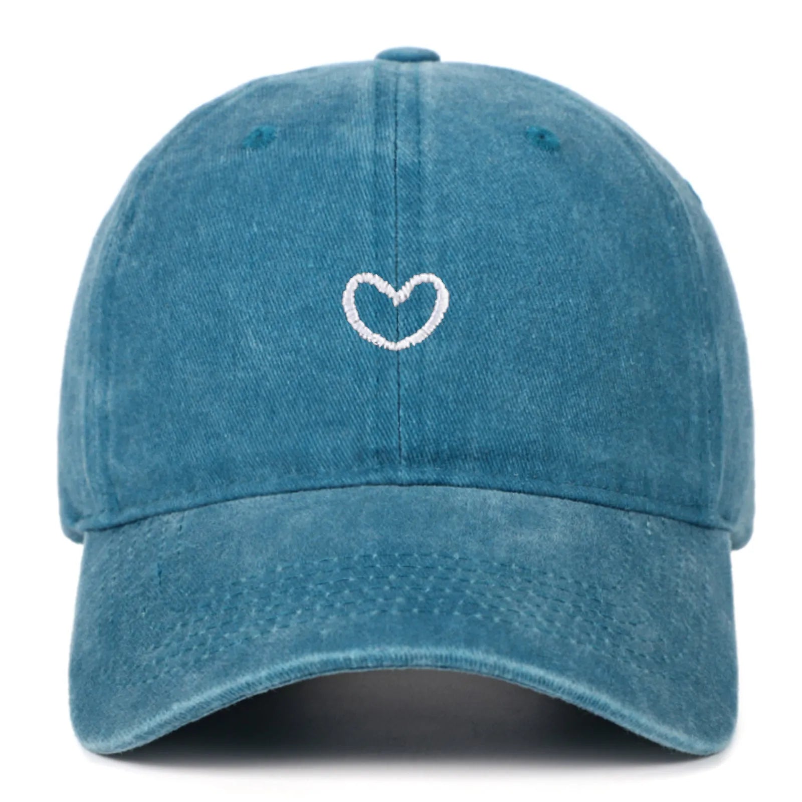 Adjustable cotton baseball cap featuring a distressed embroidered love heart on the front, shown in a selection of colours.