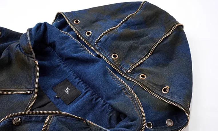 Blue Korean style hooded denim vest with matching trousers, zip-front closure, regular length cut