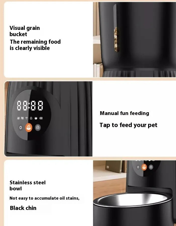 Black automatic pet feeder with smartphone showing feeding schedule and portion control settings