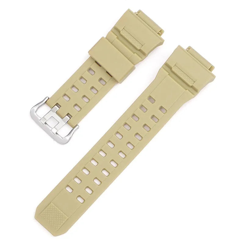 Camouflage pattern TPU rubber watch strap with silver buckle for G-Shock-style watches.