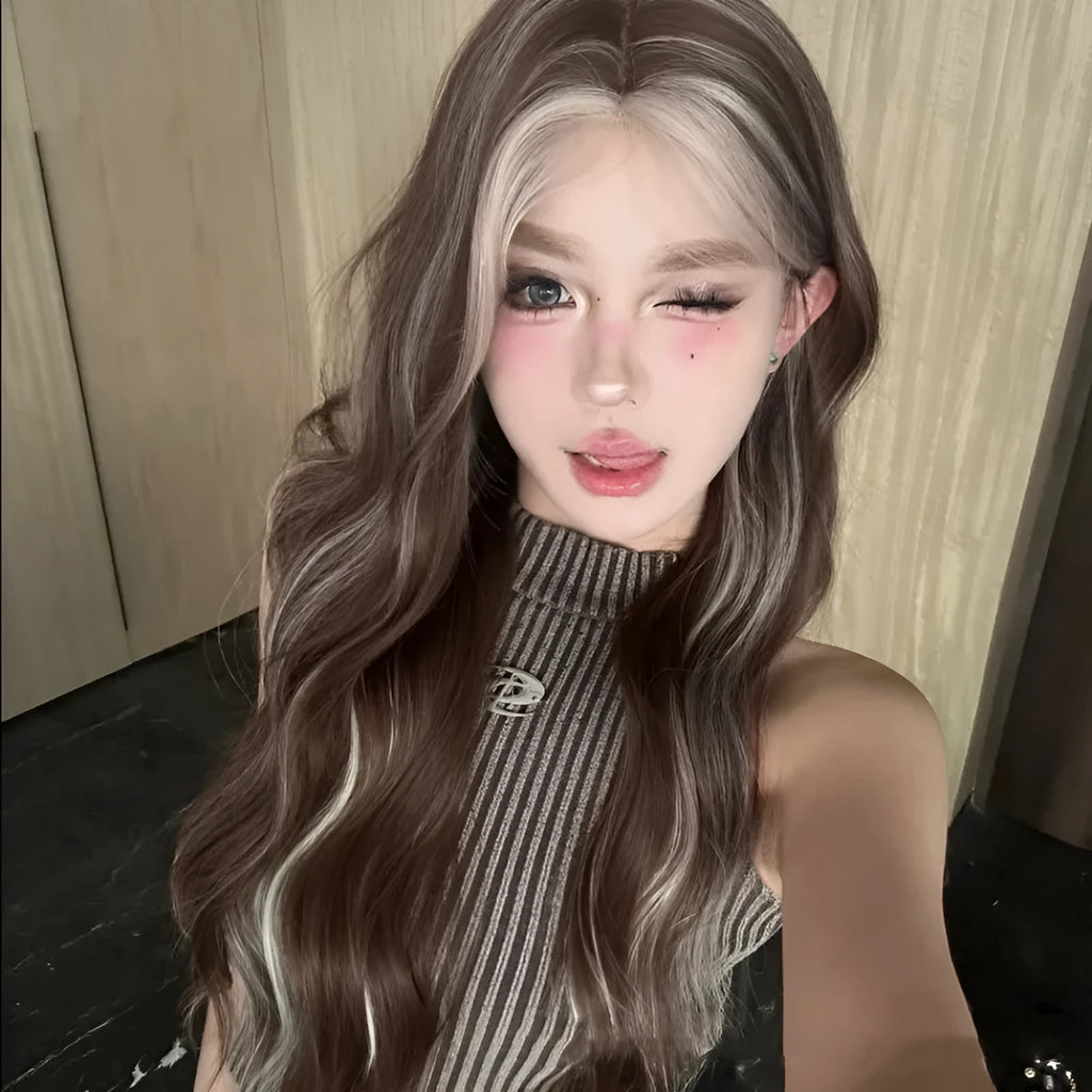 Long curly gray golden highlight lace front wig on display