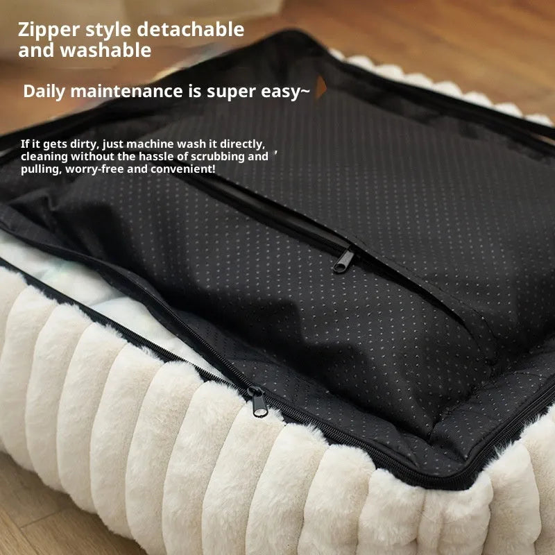 Square dog bed in grey or white striped cloth, available in sizes S to XL, with XL measuring 90cm x 68cm x 21cm