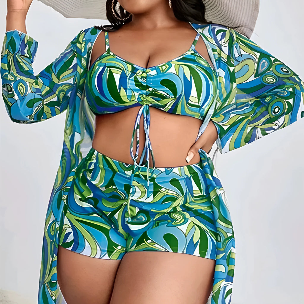 Women's floral print bikini three-piece set with cardigan cover-up in extended sizes
