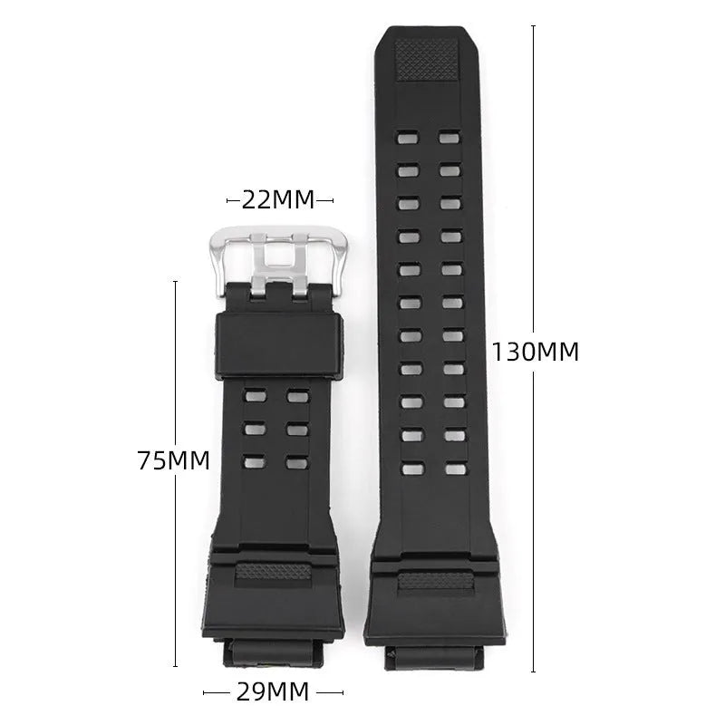 Camouflage pattern TPU rubber watch strap with silver buckle for G-Shock-style watches.
