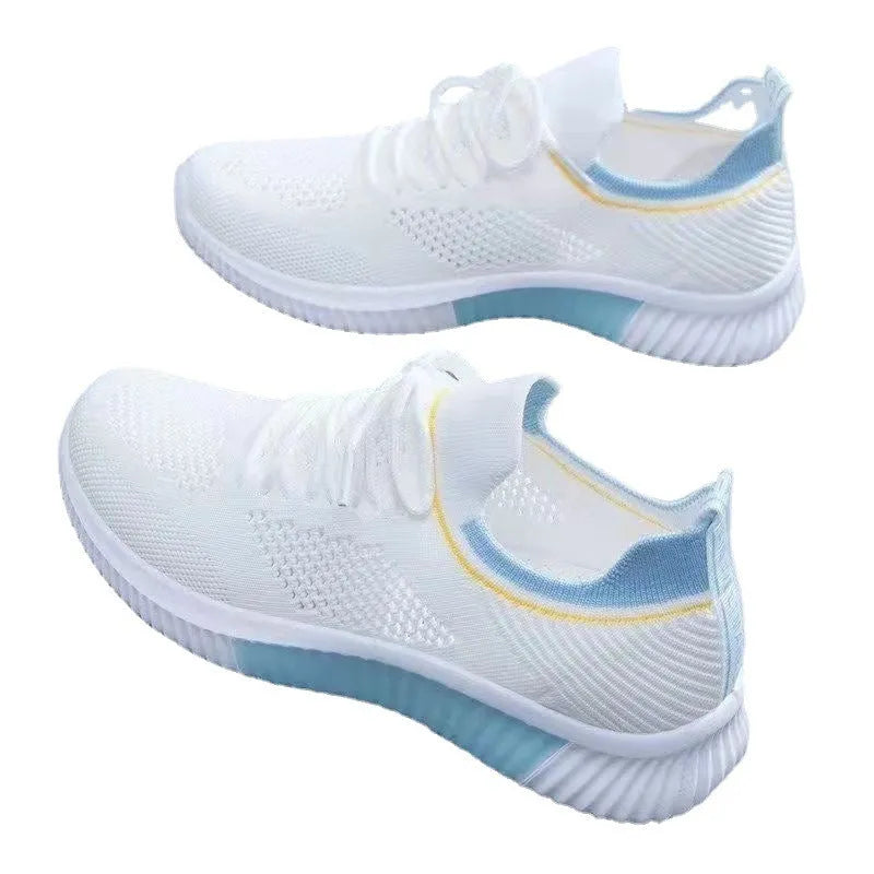 Flyknit breathable white low-top lace-up trainers for women with round toe and PVC sole