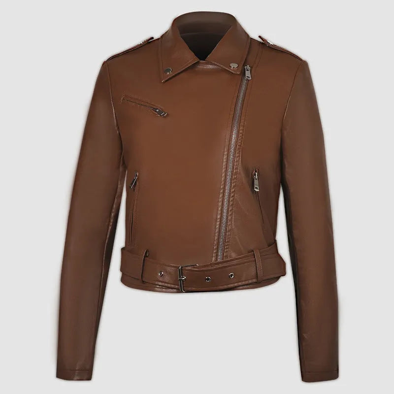 Women's red PU leather motorcycle jacket with lapel collar and a short waist belt.
