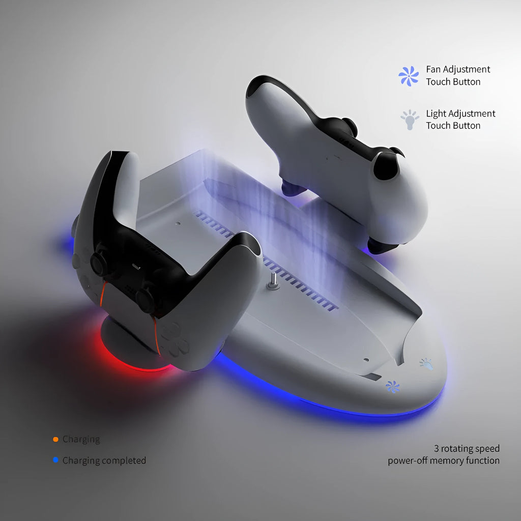 White PS5 cooling pad charger with RGB lighting and controller charging belt