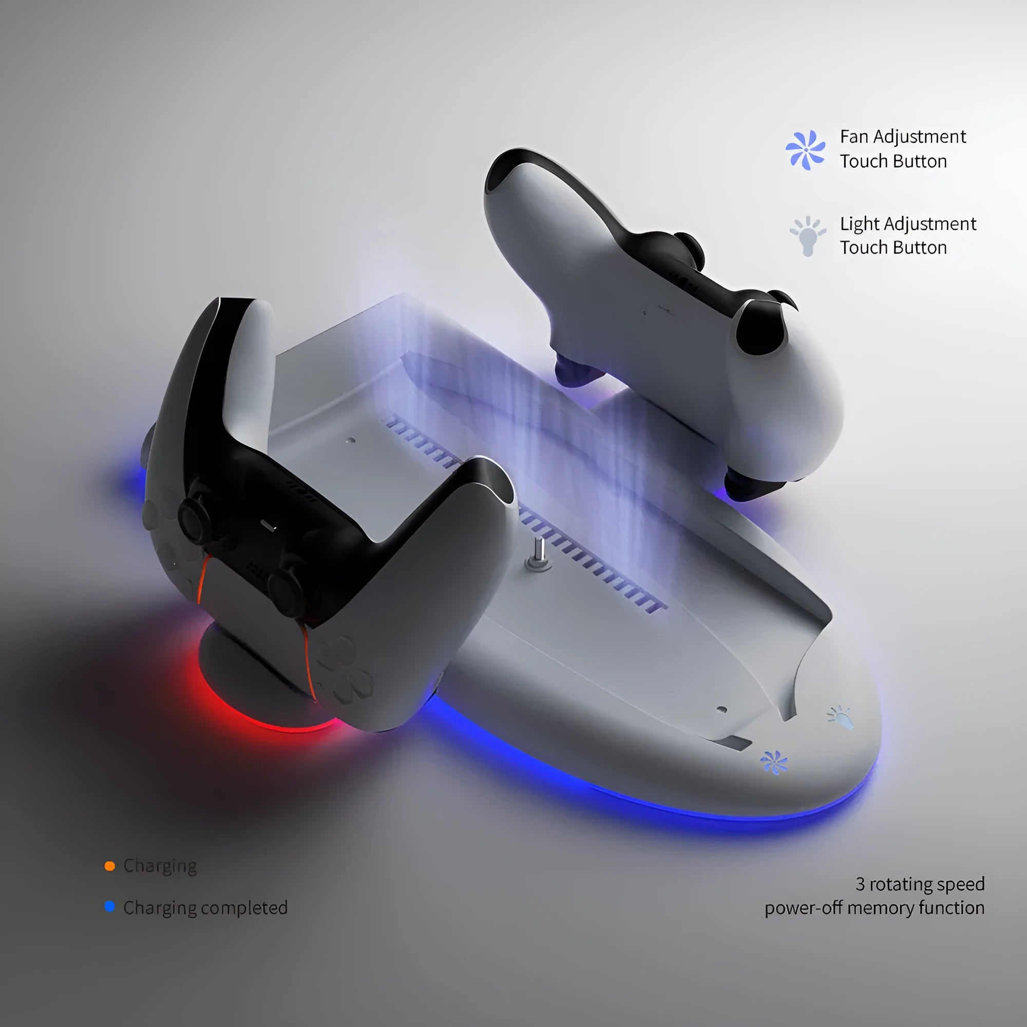 White PS5 cooling pad charger with RGB lighting and controller charging belt