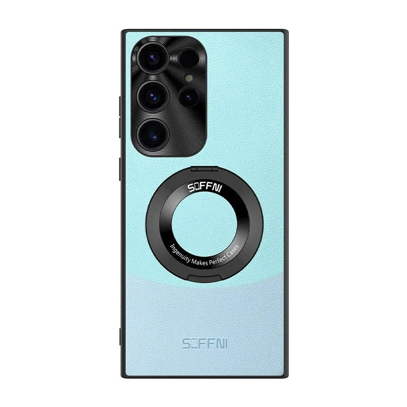 Samsung S23 Ultra contrast colour imitation leather phone case with magnetic ring and bracket