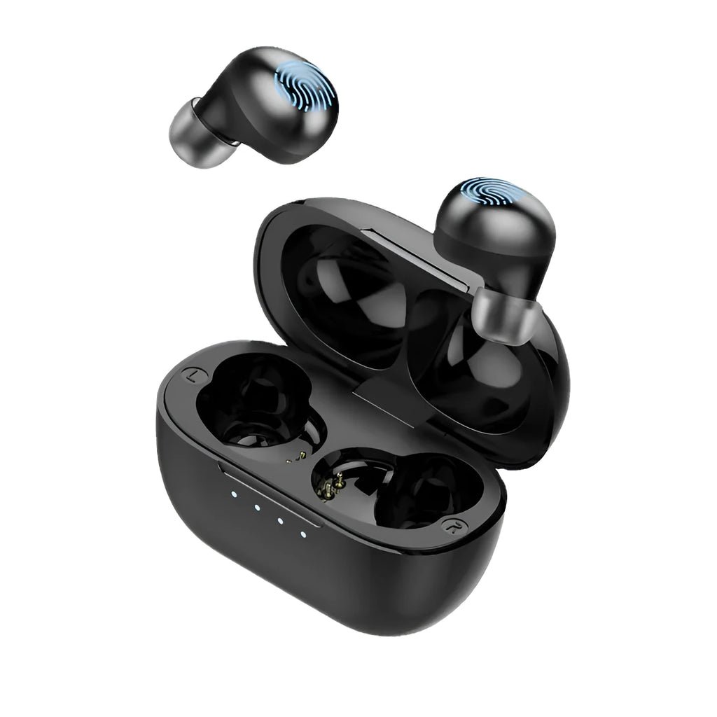 Black wireless Bluetooth earbud headset with stereo sound and call functionality