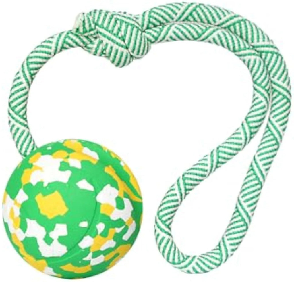 Natural rubber dog ball on nylon rope toy for medium and small dogs with 2.4 inch ball diameter