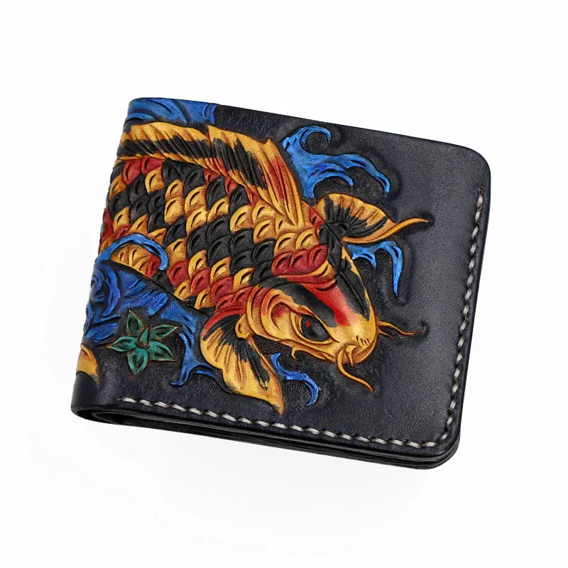 Men's carved leather short wallet in red, blue, or gold, showing open design and texture.