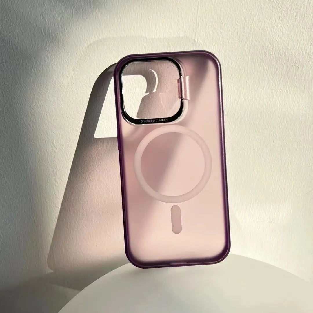 Metal invisible bracket phone case frosted magnetic protective cover for iPhone 12 to 15 series in black colour