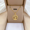 Gold-plated adjustable necklace with a detailed rhinestone and mother-of-pearl lucky tree light pendant.