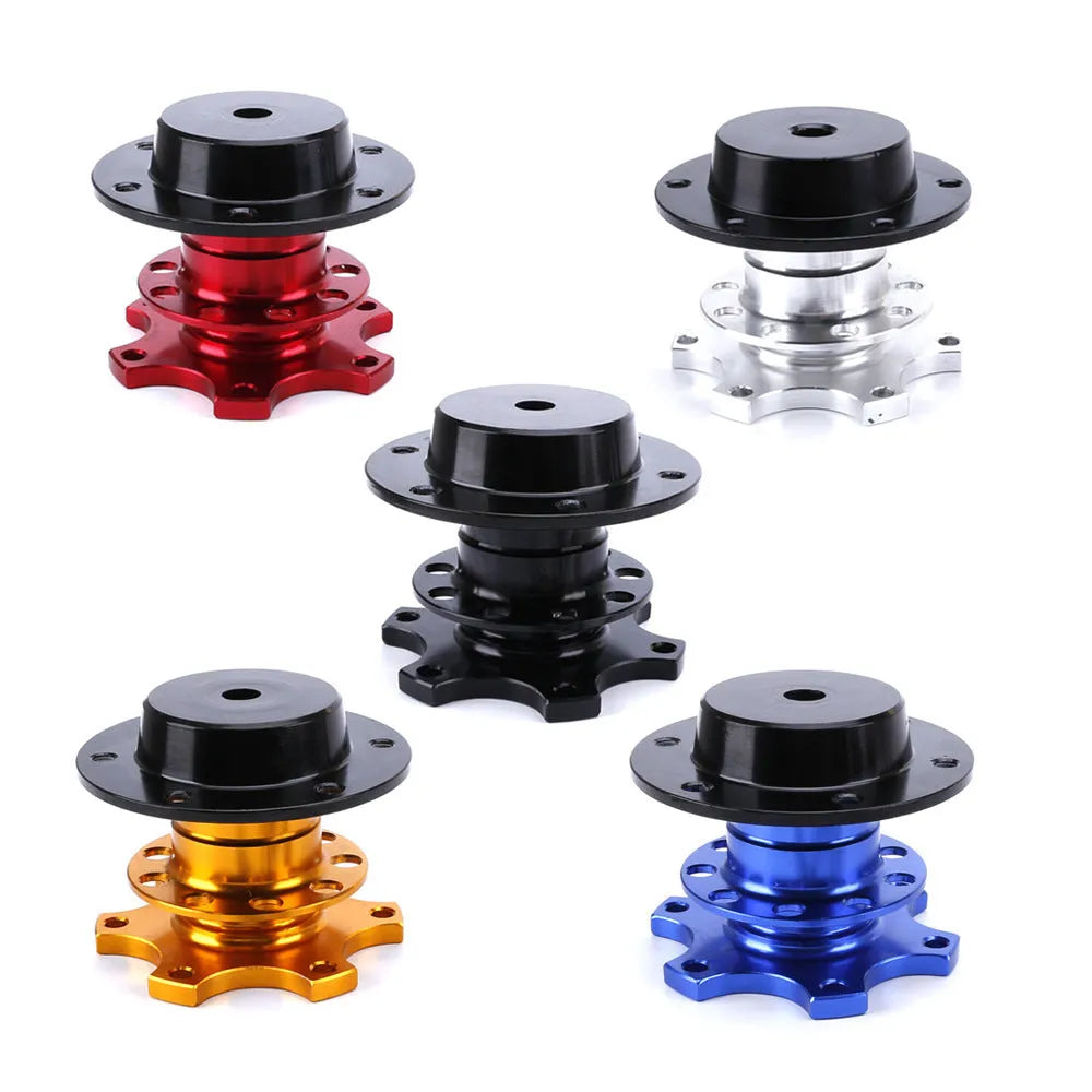 Car quick release steering wheel adapter device in black, red, blue, silver, and gold colour options.