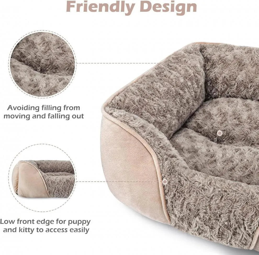 Beige stuffed kennel dog bed for a large Golden Retriever, showing soft nest design.