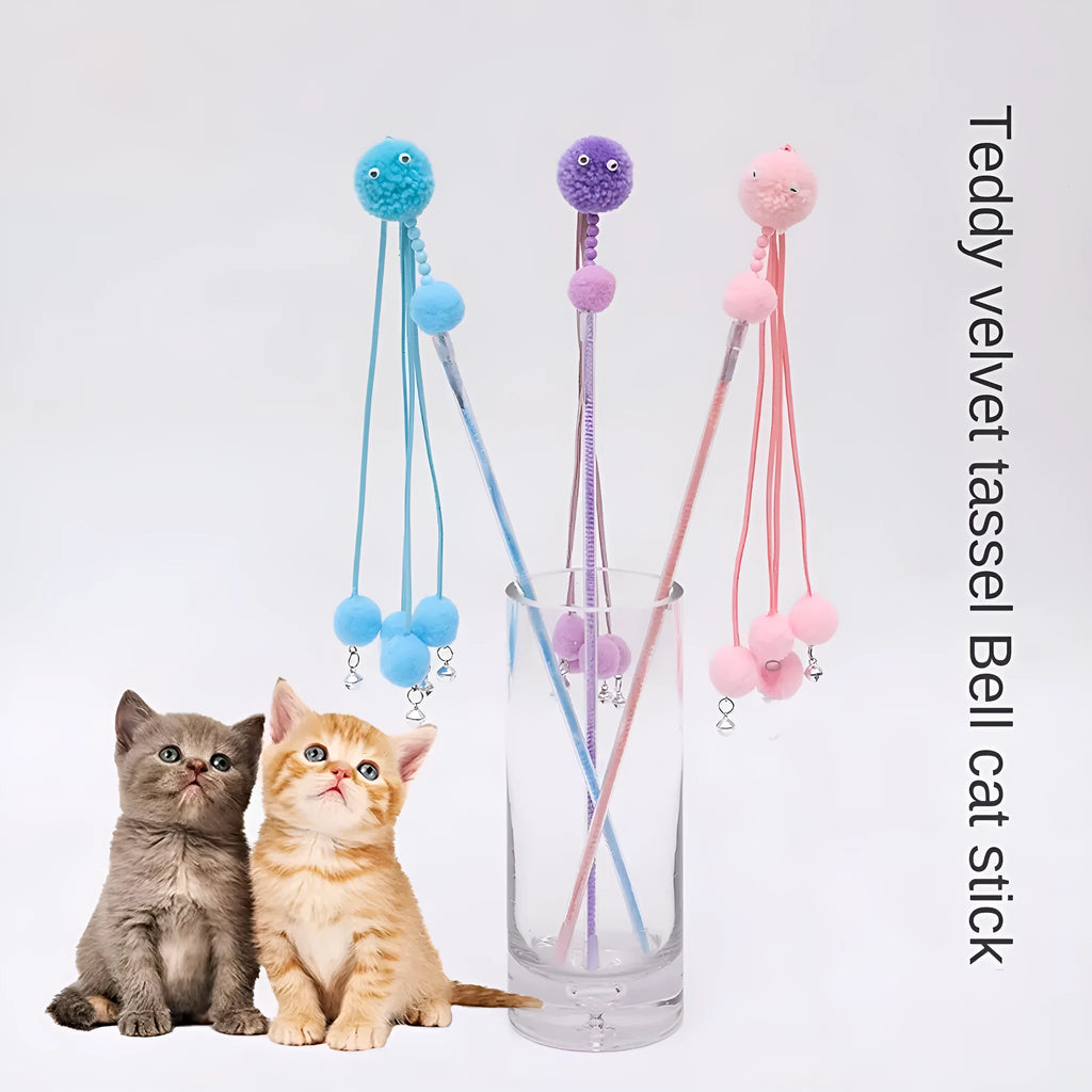 Flexible cat wand toy with colourful tassel attachment for interactive indoor play sessions