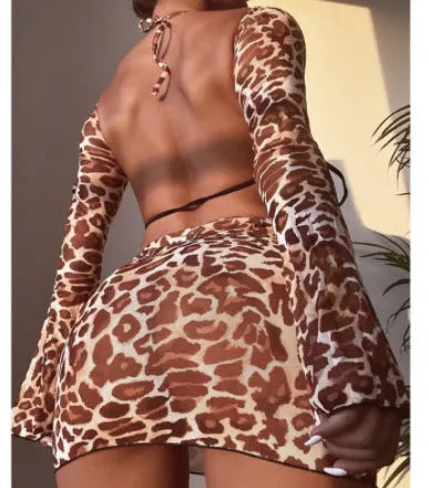 Leopard print split bikini swimsuit three-piece set for women with top, skirt, and panties