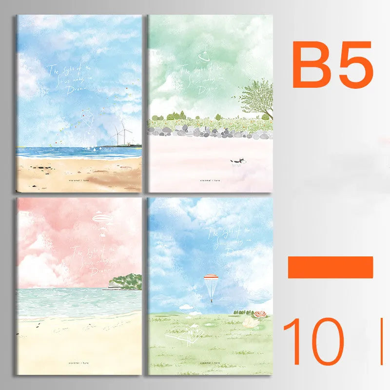 Ten soft cover thread-bound notebooks in A5 and B5 sizes with various designs
