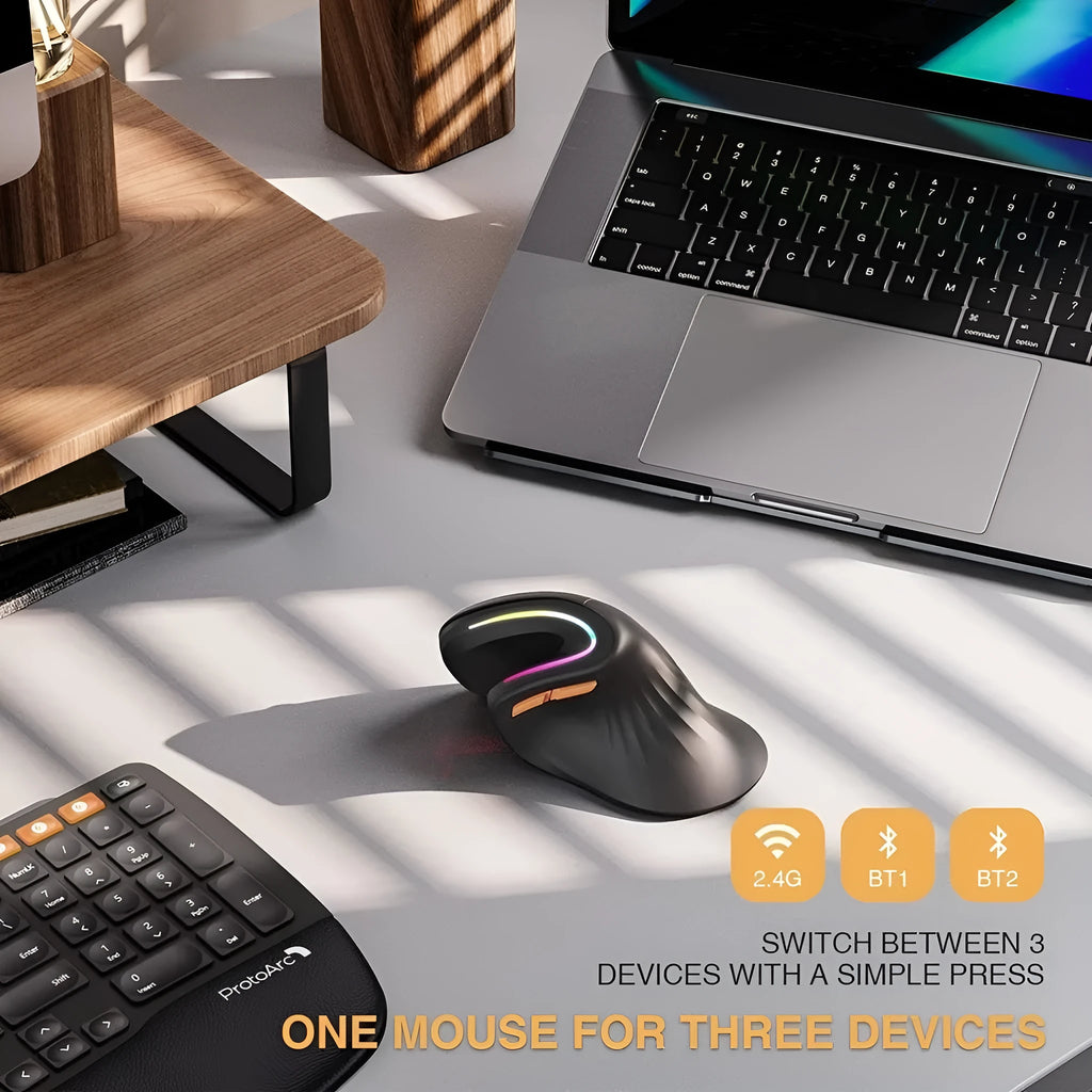 Black vertical Bluetooth mouse with RGB lighting, USB receiver, and charging cable on desk