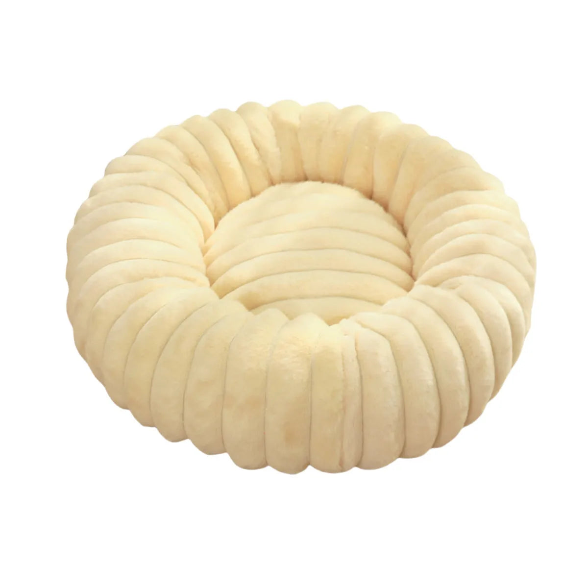Round beige plush pet bed for a dog, shown in a medium size on a wooden floor.
