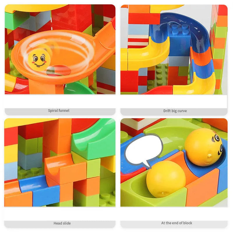 168-336 piece plastic building block set with race run track and funnel slide in colour box packaging