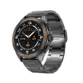 Smart watch for men displaying health metrics on an IPS screen, shown in black steel finish.
