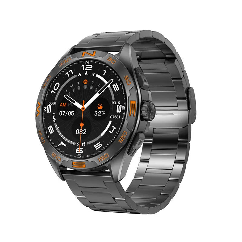 Smart watch for men displaying health metrics on an IPS screen, shown in black steel finish.