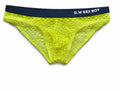 Man's mesh breathable briefs in black, showing low waist and quick-dry polyester fabric.