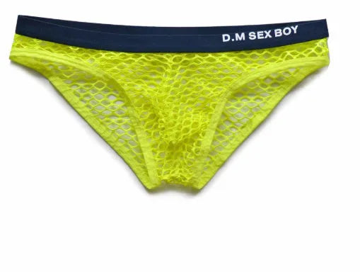 Man's mesh breathable briefs in black, showing low waist and quick-dry polyester fabric.