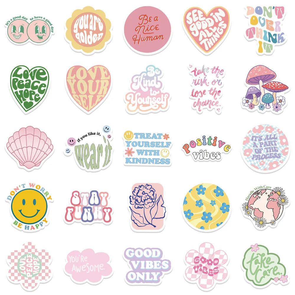 Danish pink motivational statement stickers with graffiti and cartoon patterns