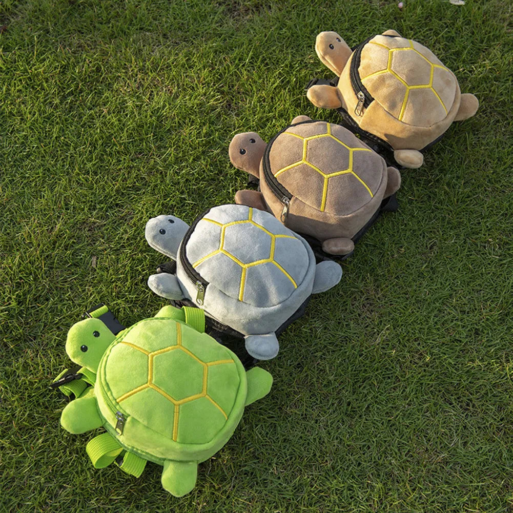 Cartoon turtle shape dog backpack with harness, brown colour, showing metal zipper and storage compartment