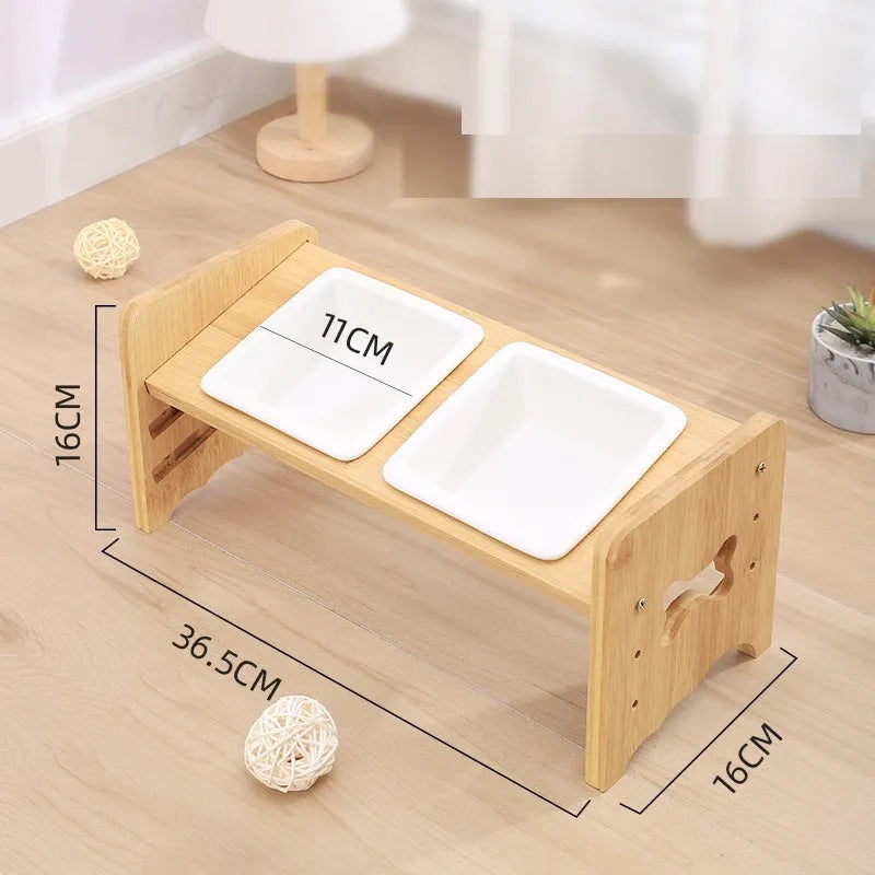 Adjustable cat dog bowl with bamboo base and ceramic feeding bowl in white, 3-layer height settings