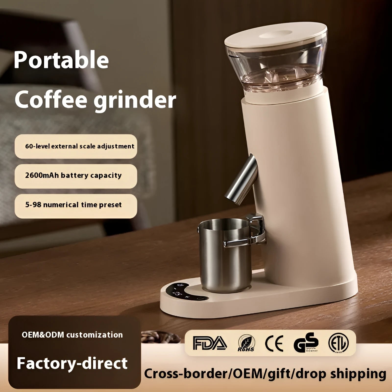 Electric portable coffee grinder with stainless steel body and 0.5L capacity in retro style design