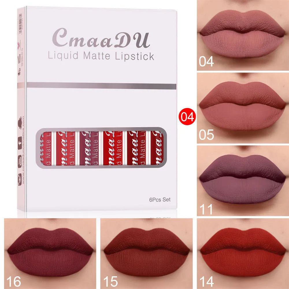 Set of six boxes of matte finish waterproof lip gloss with multivitamins.