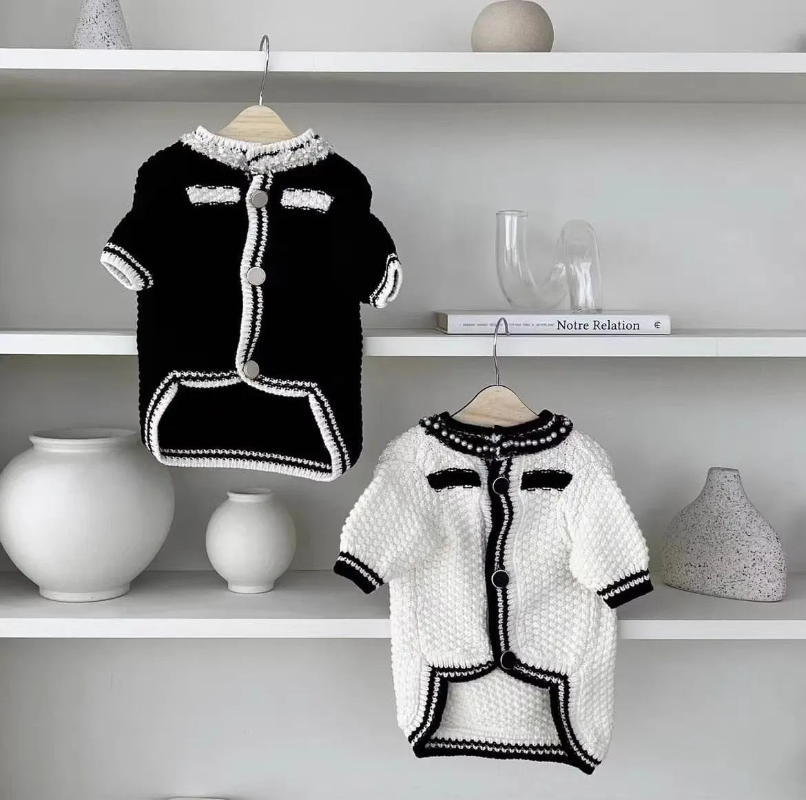 Korean style white dog sweater with pearl collar on small breed dog