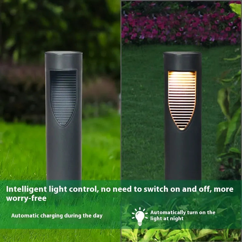 Black geometric abstract art solar garden light with stainless steel construction, 30cm tall