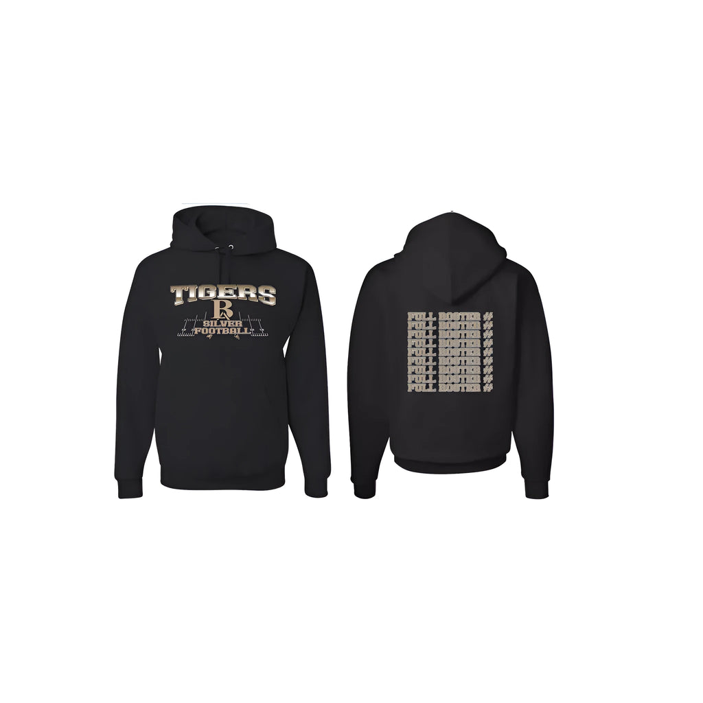Black men's drop-shoulder hoodie laid flat, showing relaxed sleeve design and pullover style.