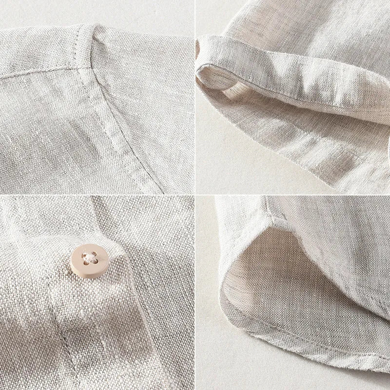Men's short sleeve linen shirt with a square collar in raw jute colour on a hanger.