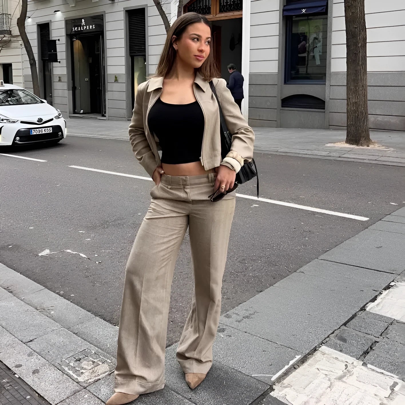 Women's herringbone pattern suit set with 3D embroidery on jacket and trousers