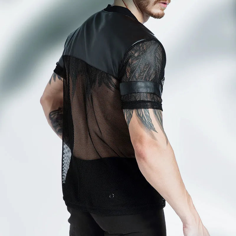 Men's black mesh V-neck sports t-shirt showing stitching construction detail