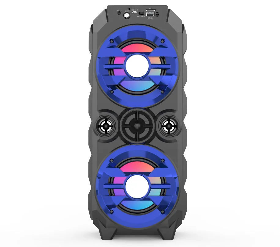 Portable Bluetooth speaker with colour lights and pull-rod handle in blue, red, or silver grey finish