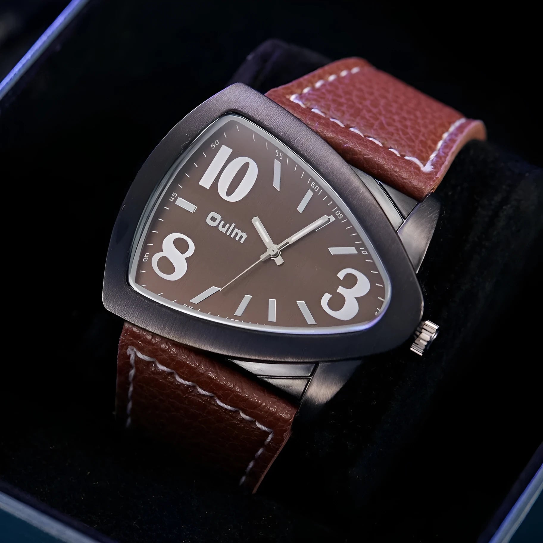 Men's casual triangle belt quartz watch in three colour options with 9mm slim profile
