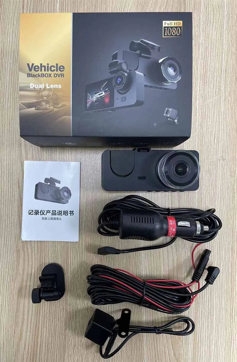 Black HD 1080P car dashcam with touch screen for front and rear simultaneous recording