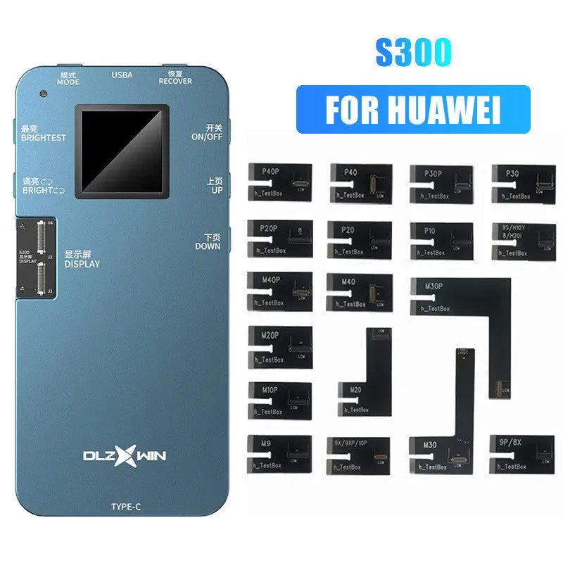 S300 Light model mobile phone screen tester for Huawei devices on a workbench.