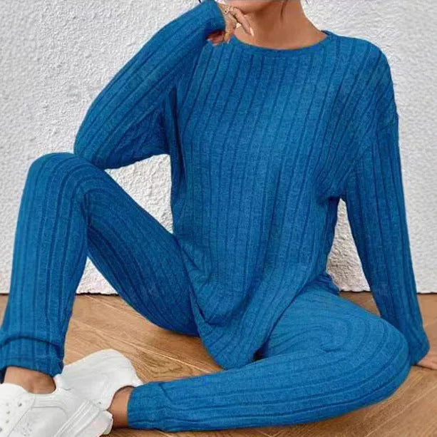 Sunken stripe pattern polyester two-piece homewear set for exercise and casual wear